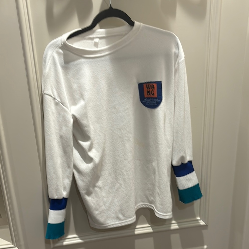 White Long Sleeve Shirt with Color Block Sleeves